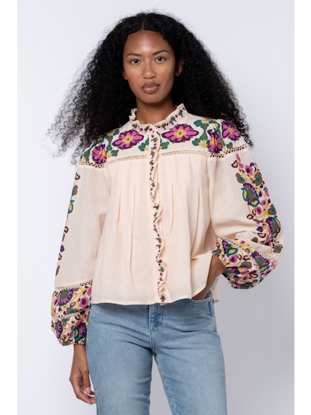 Printed Ruffle Blouse with Trim