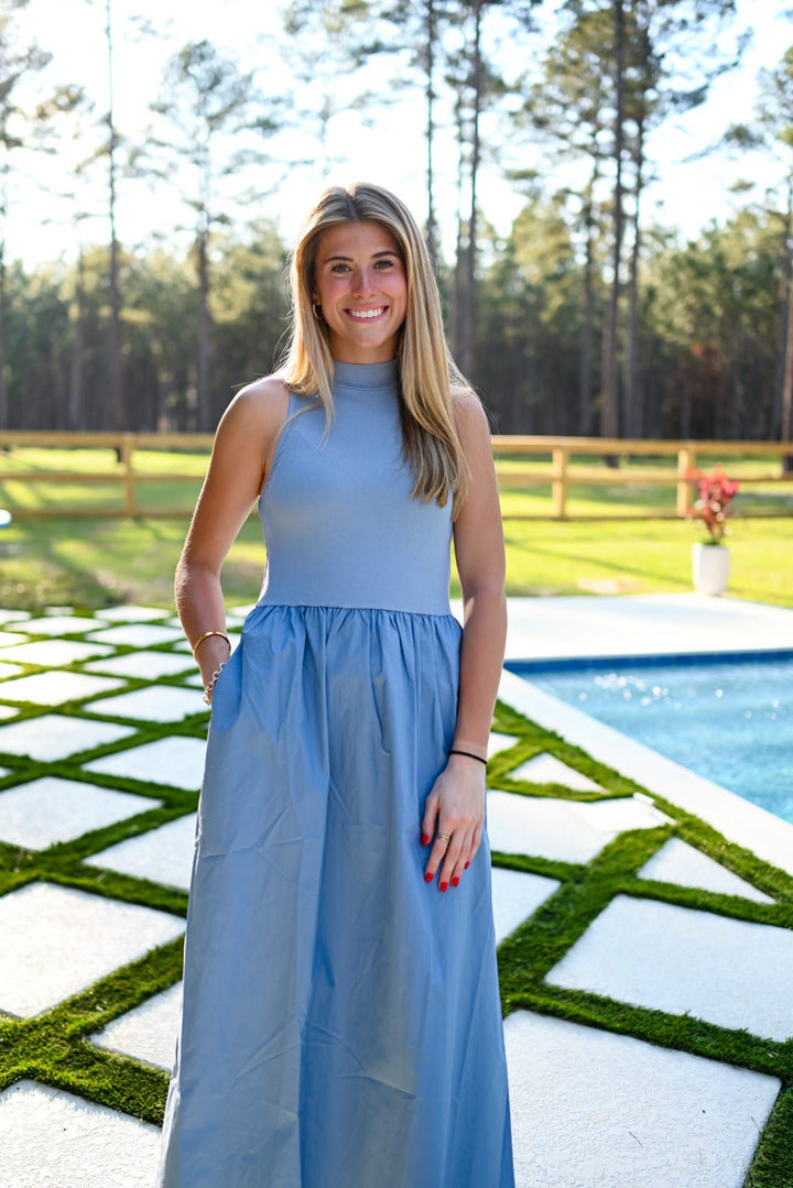 Blue Mockneck Maxi Dress