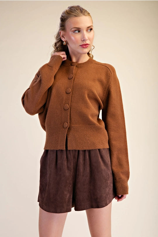 The Button Closure Long Sleeve Sweater Cardigan - Camel