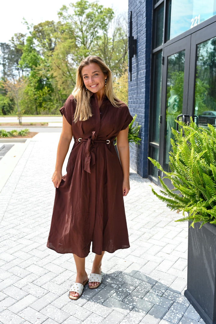 Mahogany Linen Belted Shirtdress