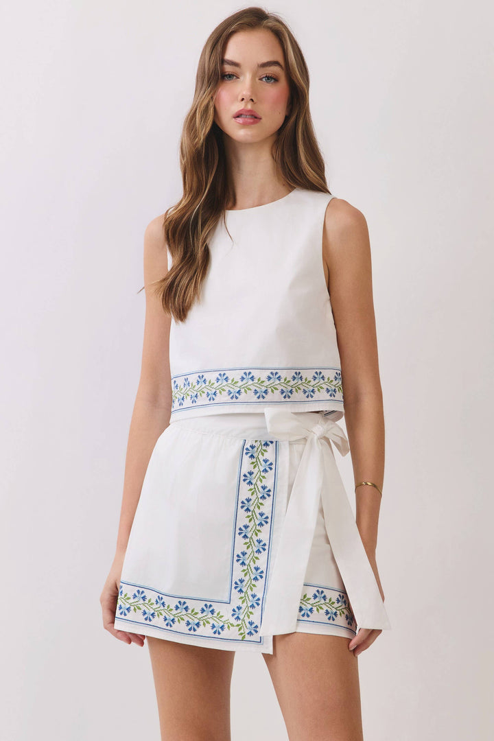 Floral Embroidered Wrap Skirt Set