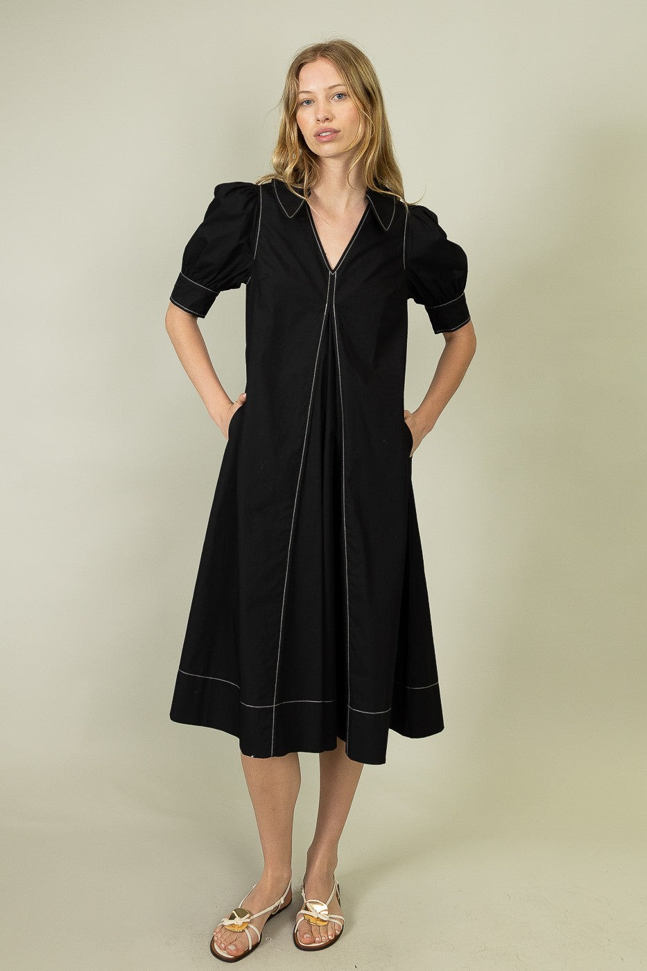 Black Contrast Stitched Midi Dress