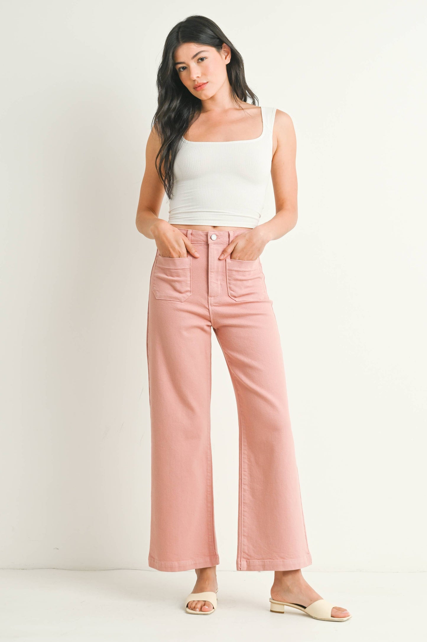 DUSTY CORAL - Patch Pocket Wide Leg Jeans