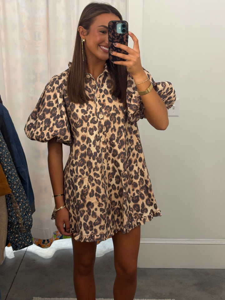 Ruffle Cheetah Denim Dress
