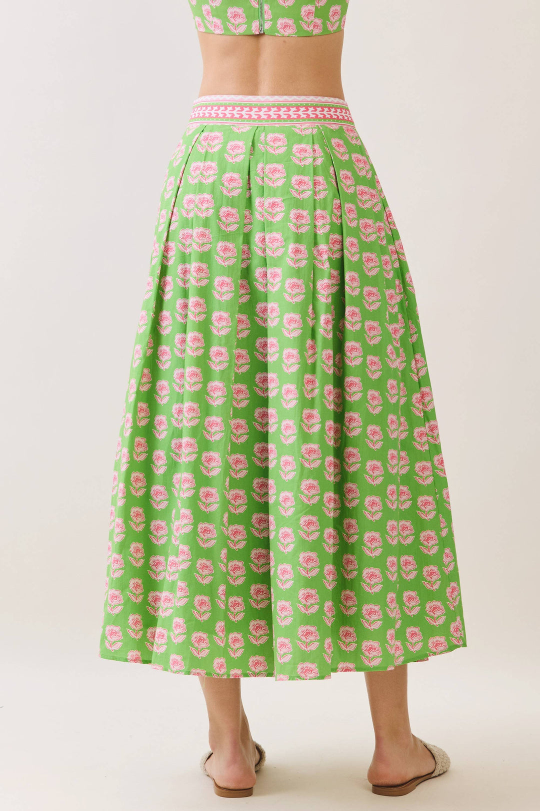 Green Floral Print Midi Skirt