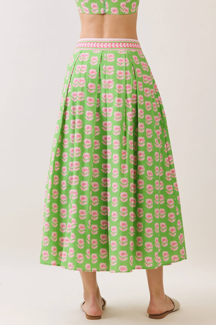 Green Floral Print Midi Skirt