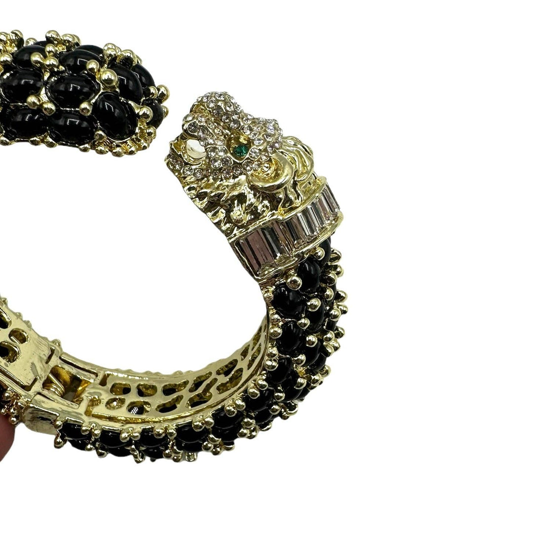 Beaded Leopard Hinged Bracelet in Black