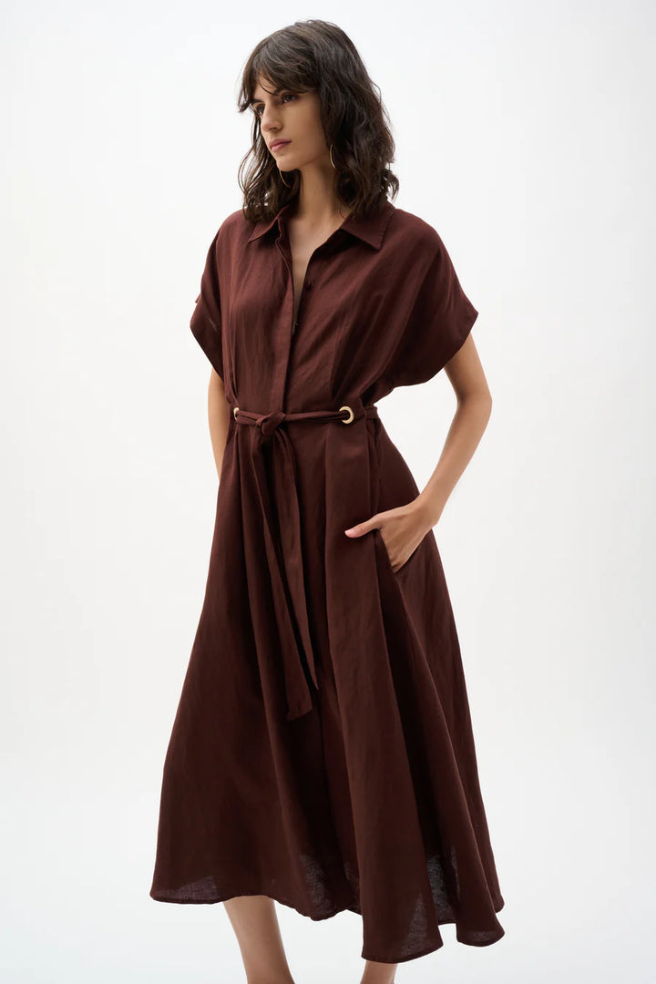 Mahogany Linen Belted Shirtdress