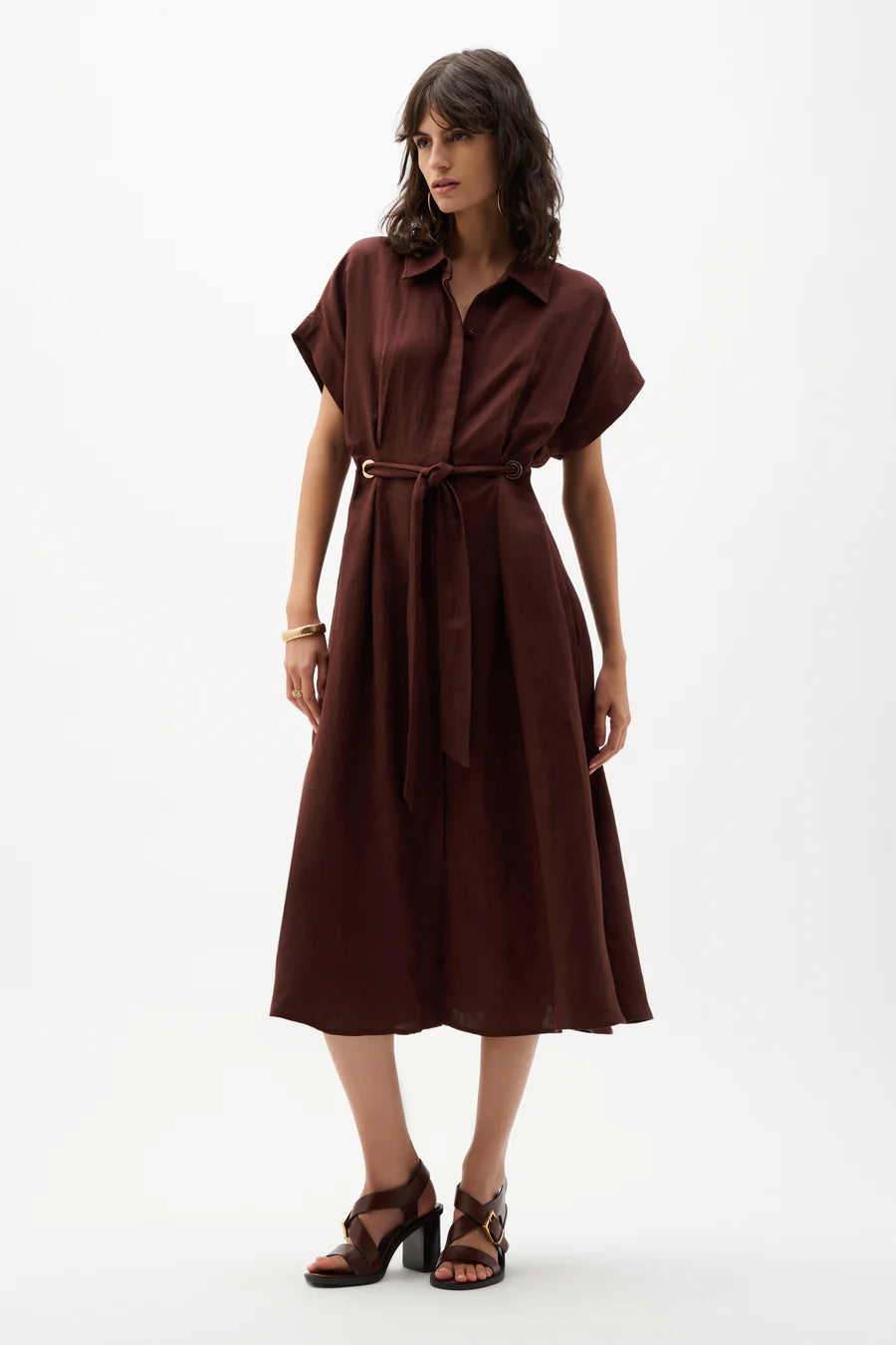 Mahogany Linen Belted Shirtdress