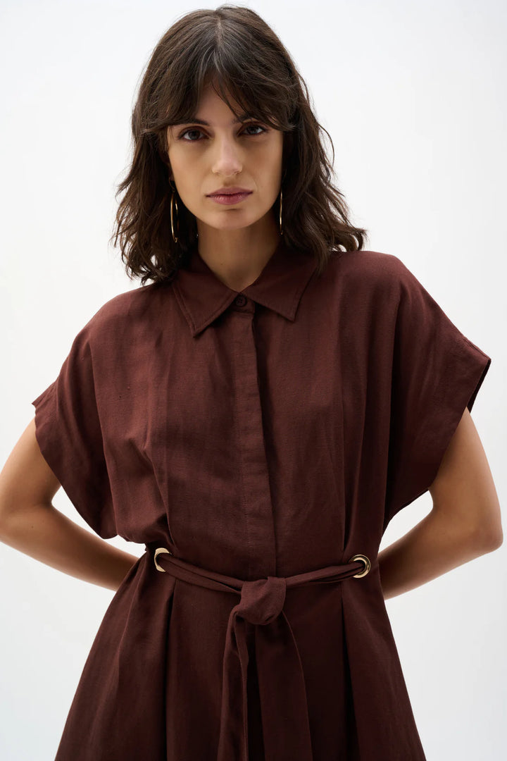 Mahogany Linen Belted Shirtdress