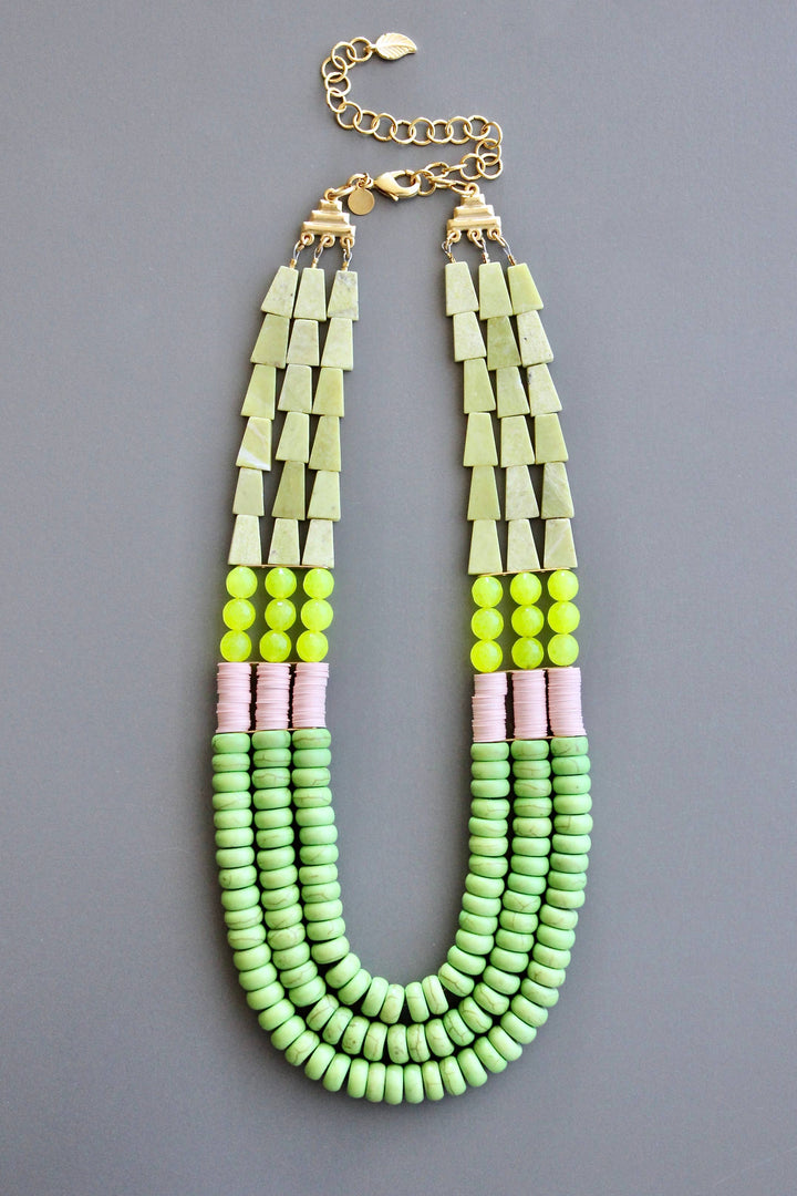 Triple Strand Green and Yellow Necklace
