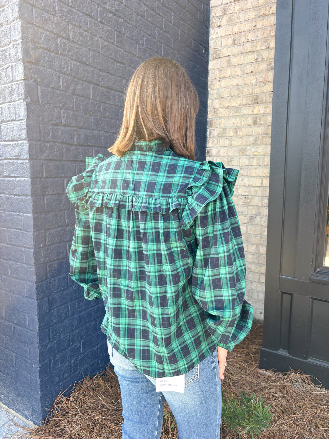 Green Ruffle Plaid Blouse