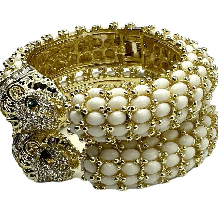 Beaded Leopard Hinged Bracelet in White