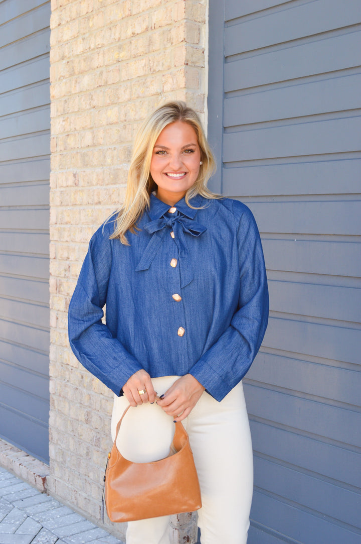 Denim Tie Neck Top