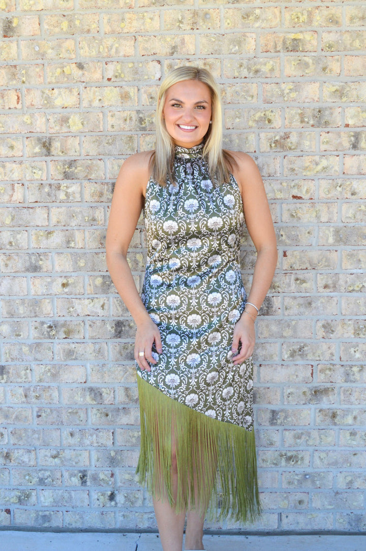 Floral Print Halter Fringe Midi Dress