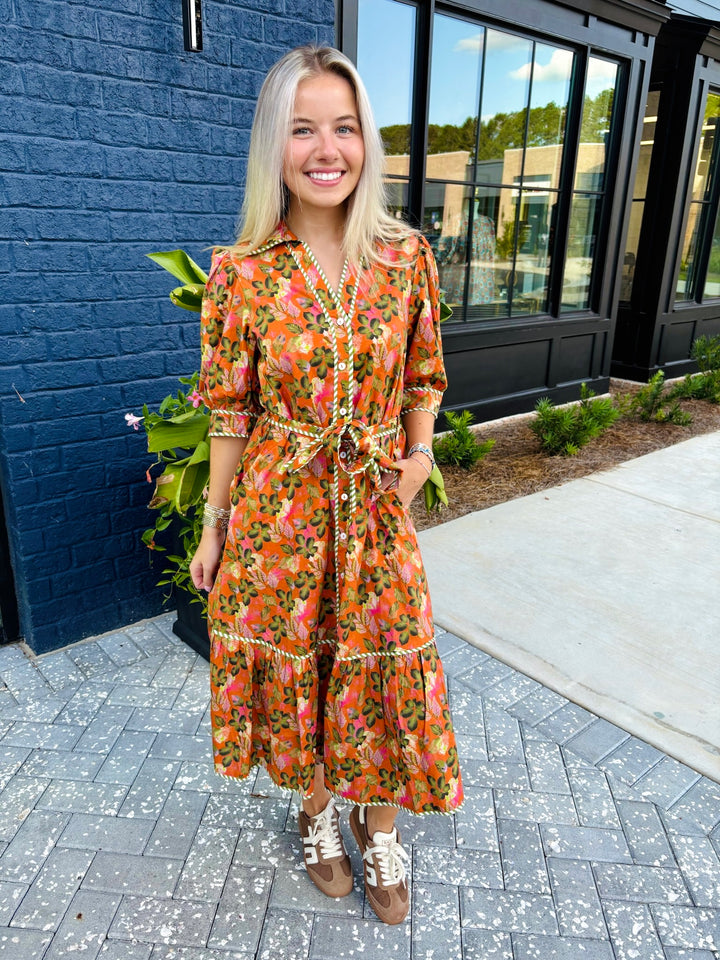 Puff Sleeve Print Midi Dress