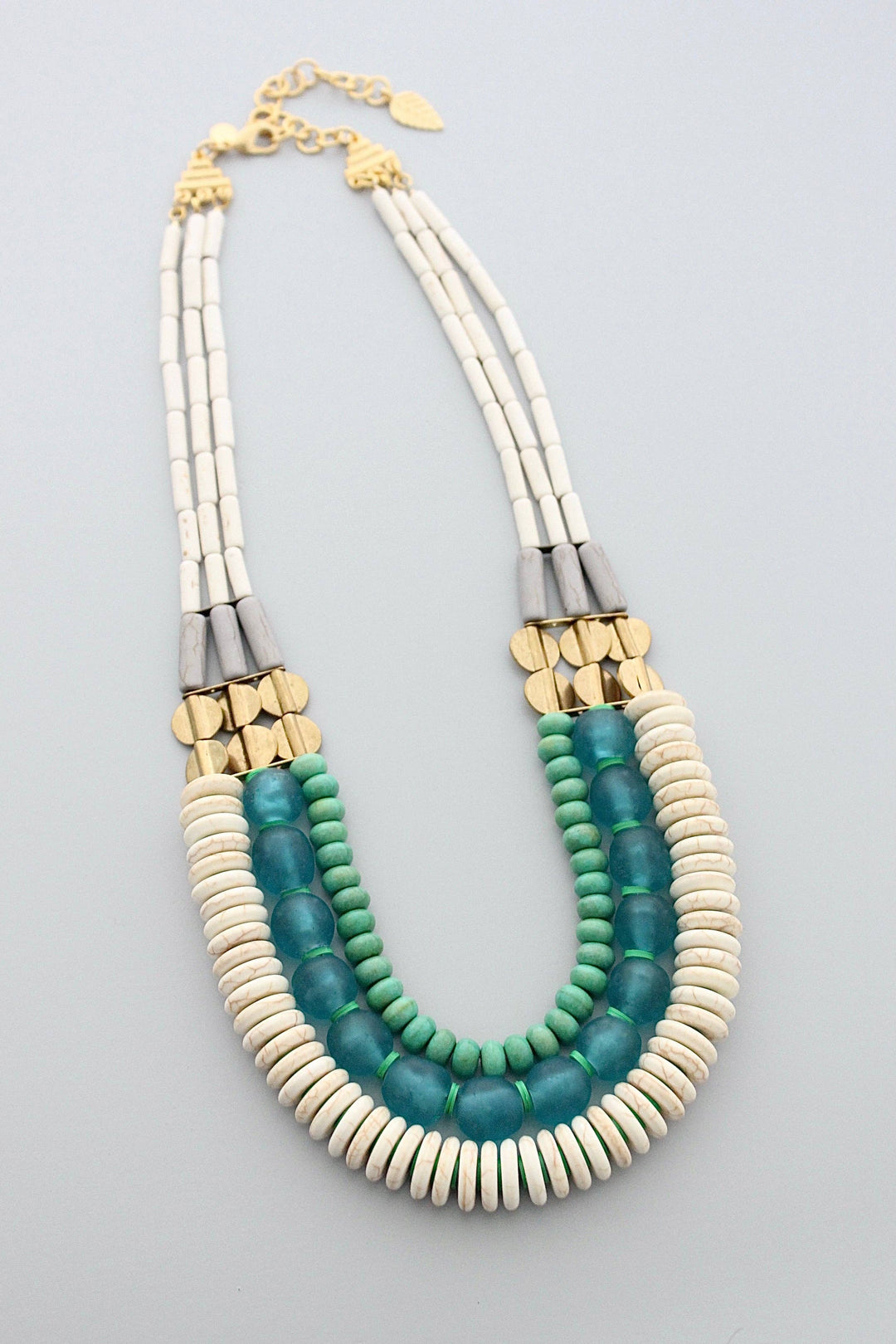 Triple Strand white, Aqua Ghana Glass and Turquoise