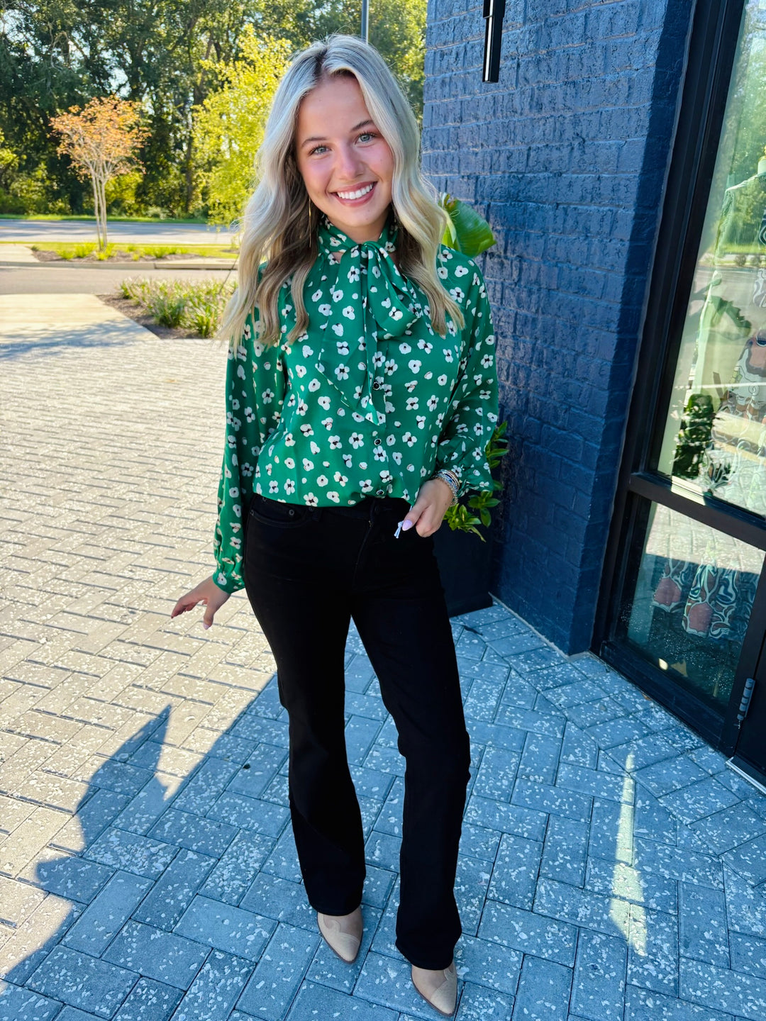 Green Floral Tie Blouse