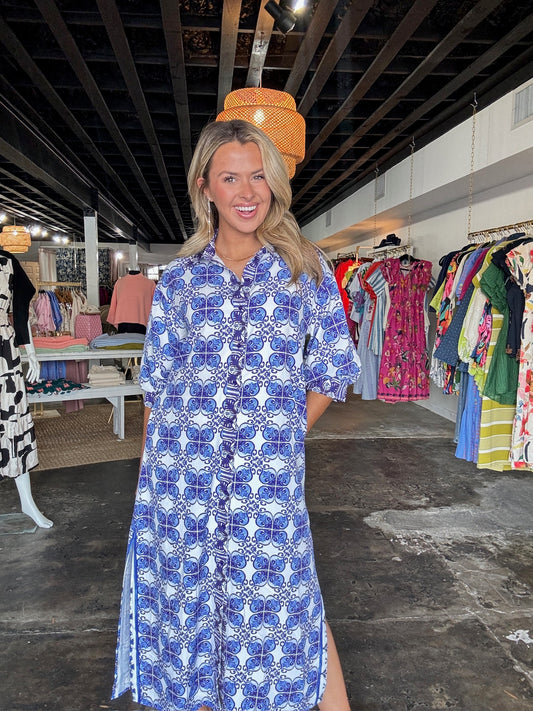 Blue Damask Shirt Dress