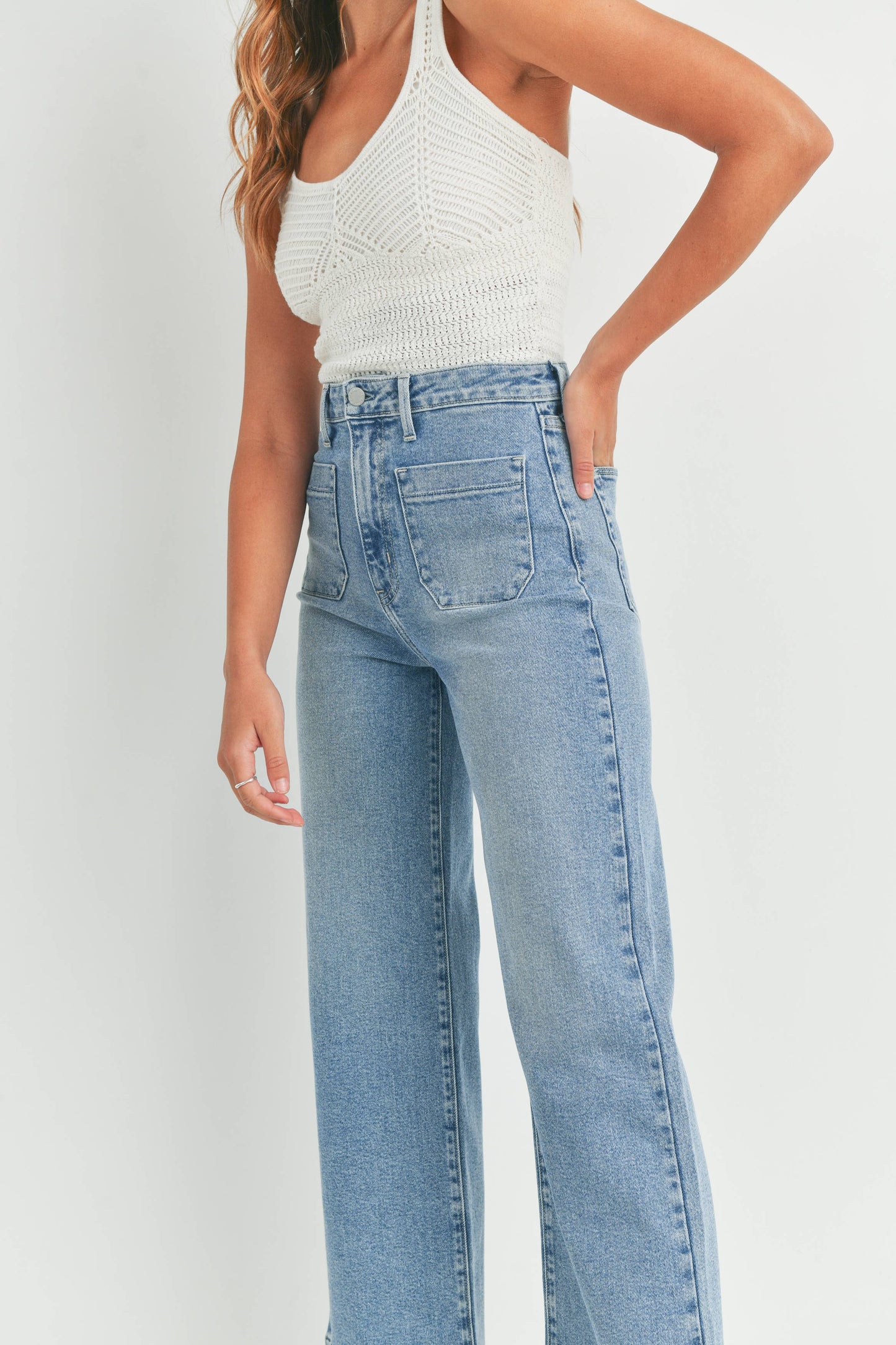 Patch Pocket Wide Leg Jeans