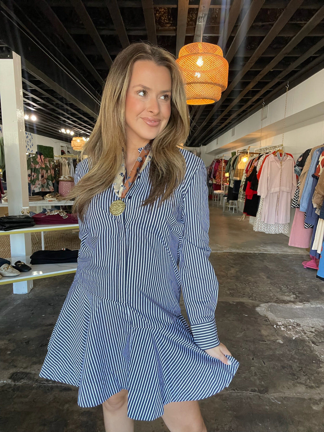 Navy Stripe Collar Flared Skirt Dress