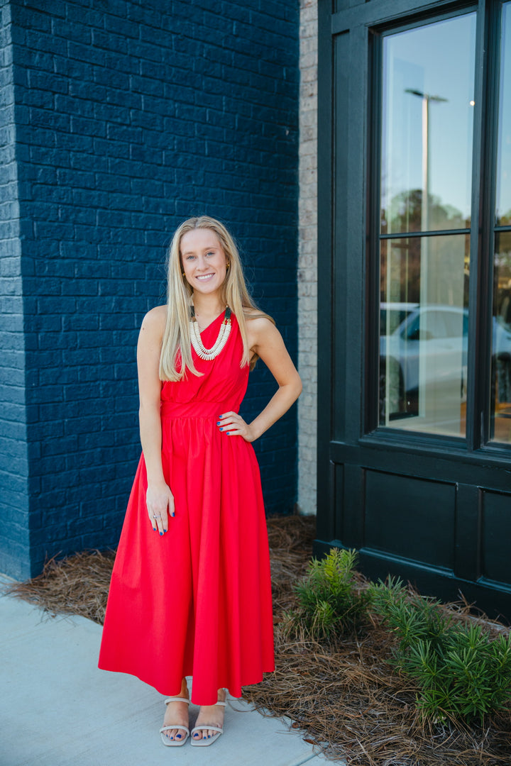 Red Poplin One Shoulder Maxi Dress