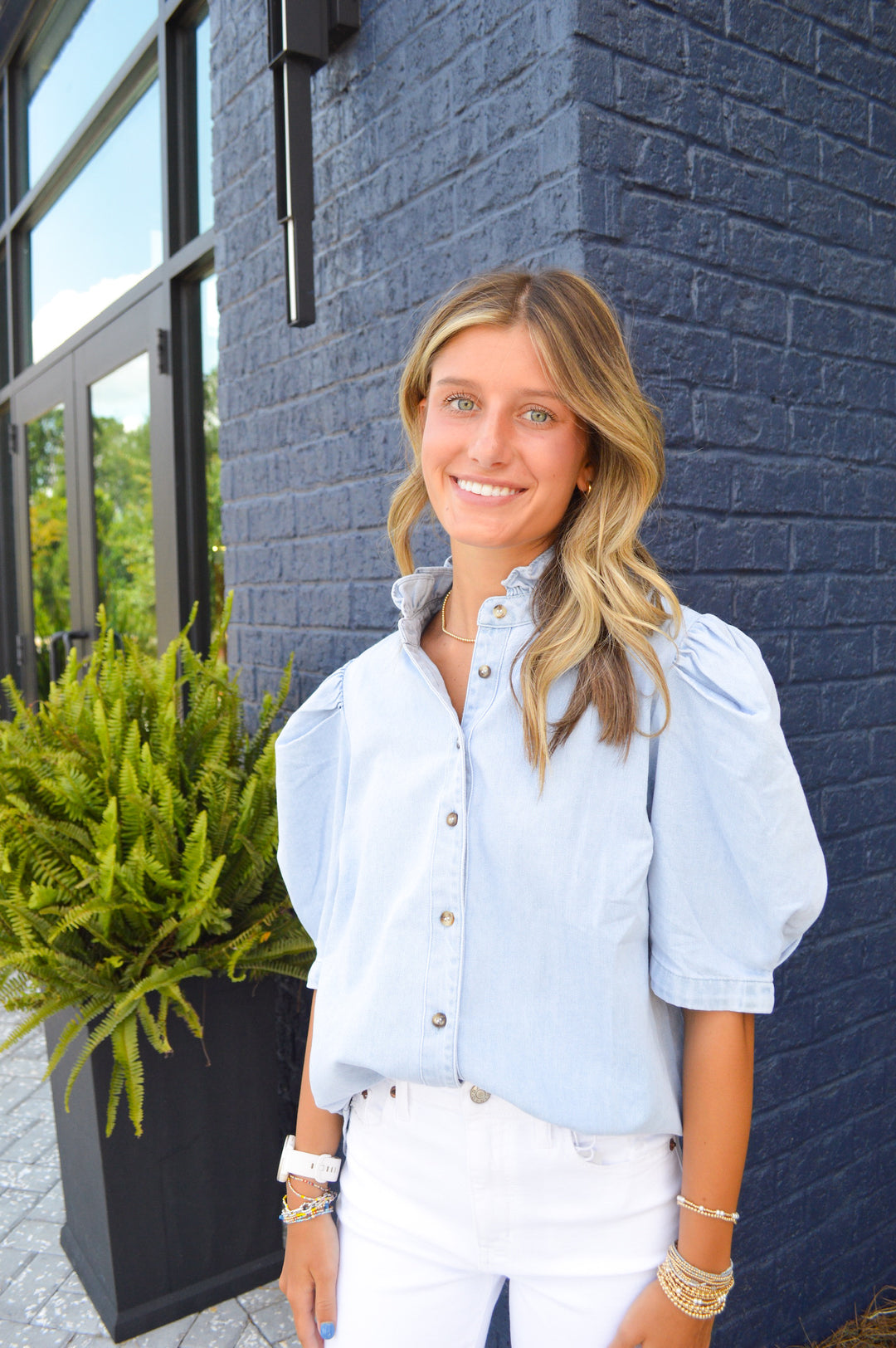 Denim Ruffle Neck Button Top