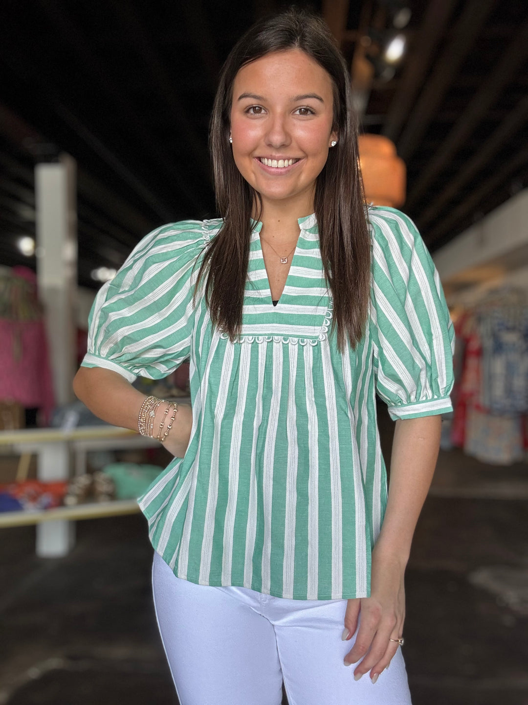 Green Stripe Yoke Top