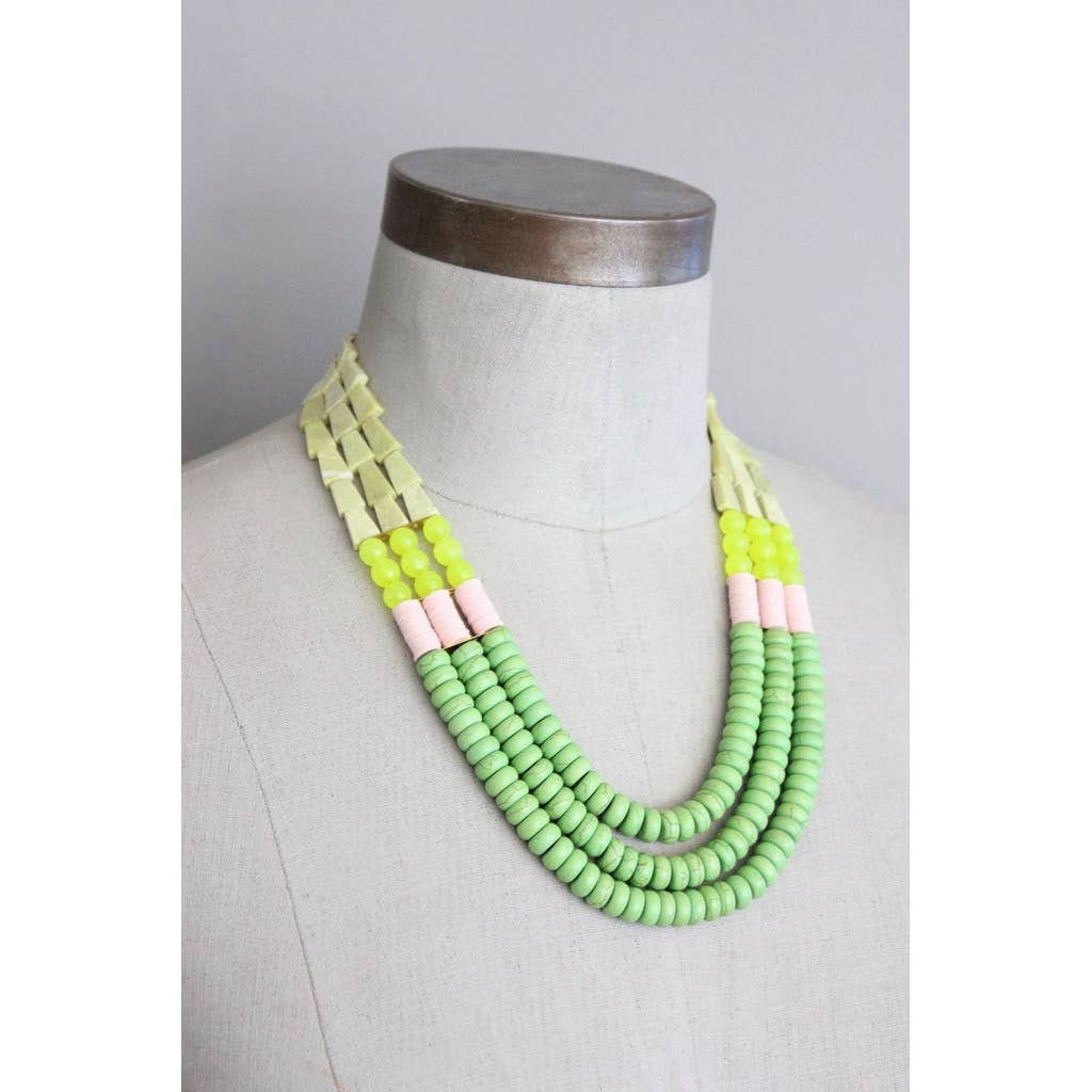 Triple Strand Green and Yellow Necklace