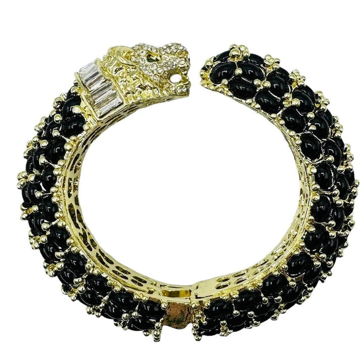 Beaded Leopard Hinged Bracelet in Black
