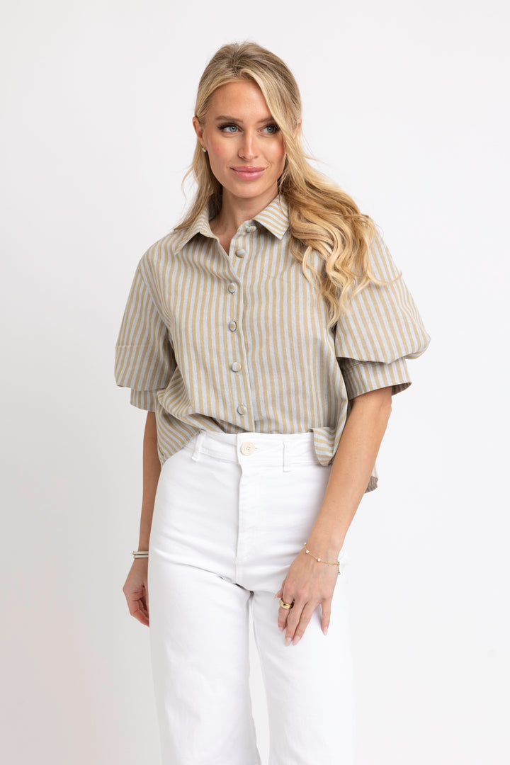 Linen Striped Puff Sleeve Top