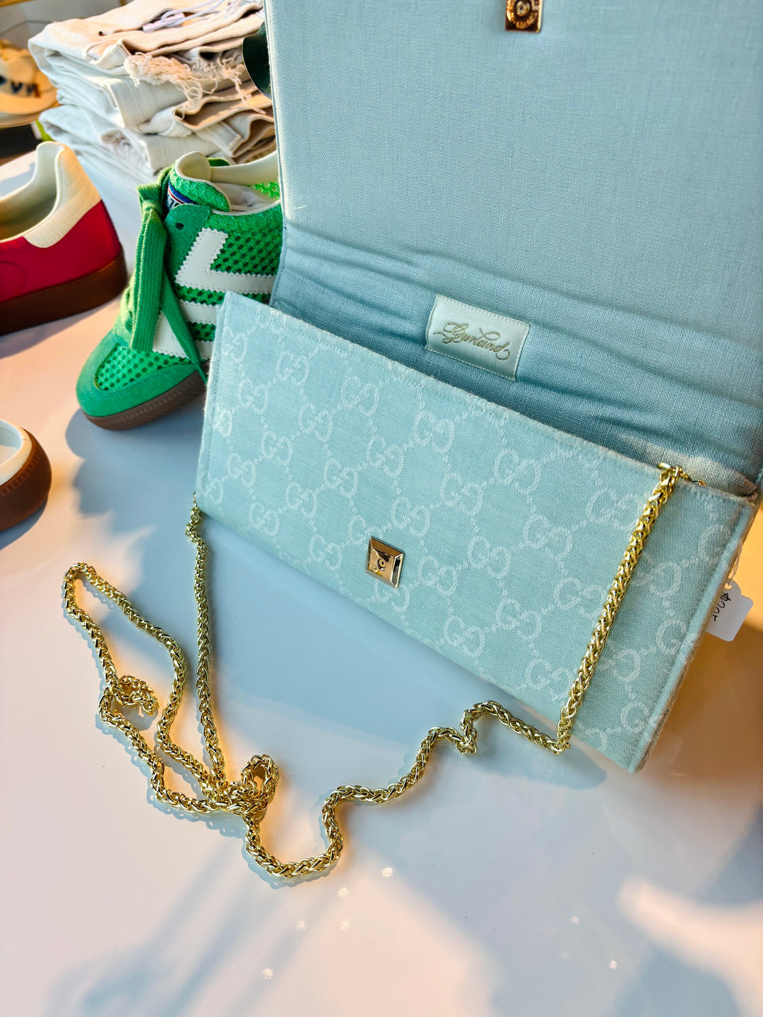 Gucci Logo Light Blue Scarf Crossbody Clutch