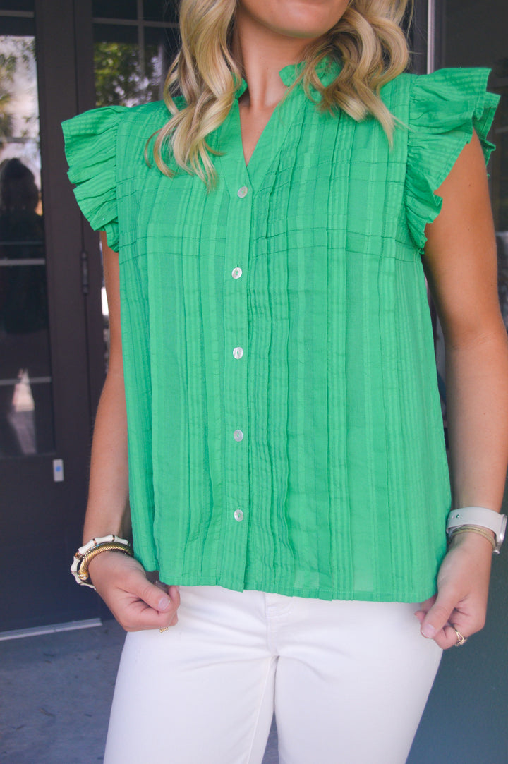 Green Flutter Sleeve Button Down Top