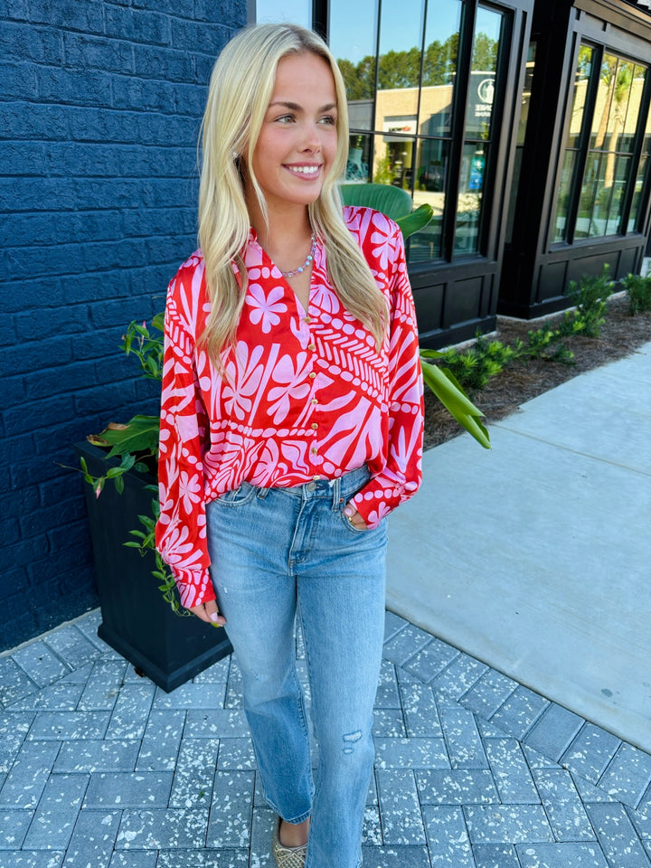 Hibiscus Flame Button Blouse