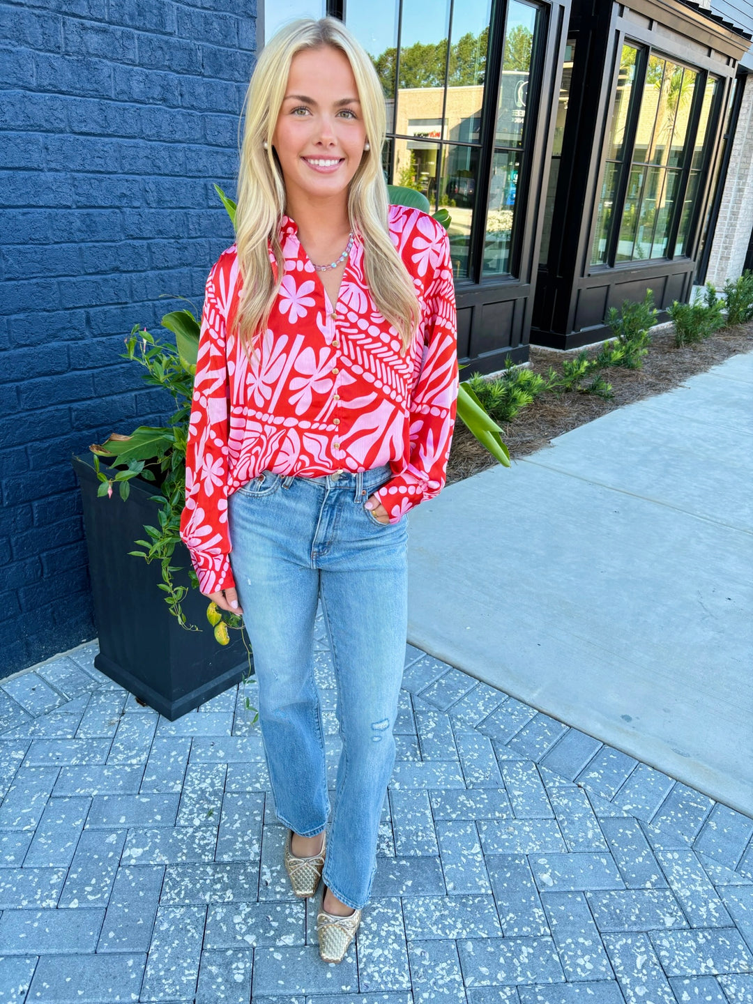 Hibiscus Flame Button Blouse