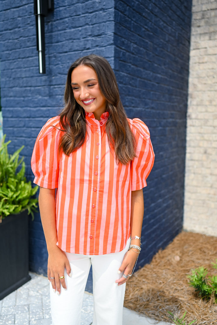 Coral Stripe Ruffle Neck Top