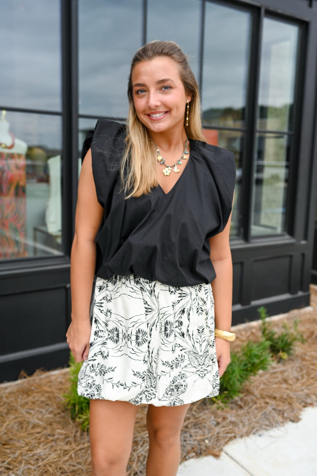 Poplin V-Neck Bubble Top