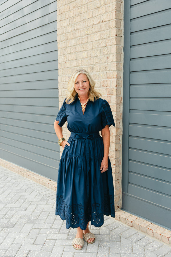 Navy Eyelet Maxi Dress