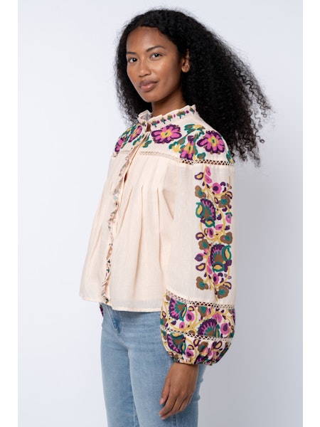 Printed Ruffle Blouse with Trim