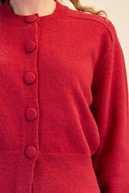 The Button Closure Long Sleeve Sweater Cardigan - Cherry