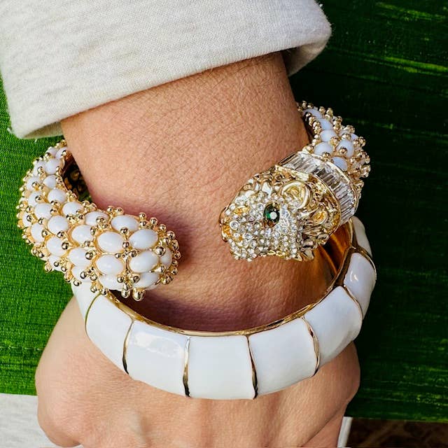 Beaded Leopard Hinged Bracelet in White