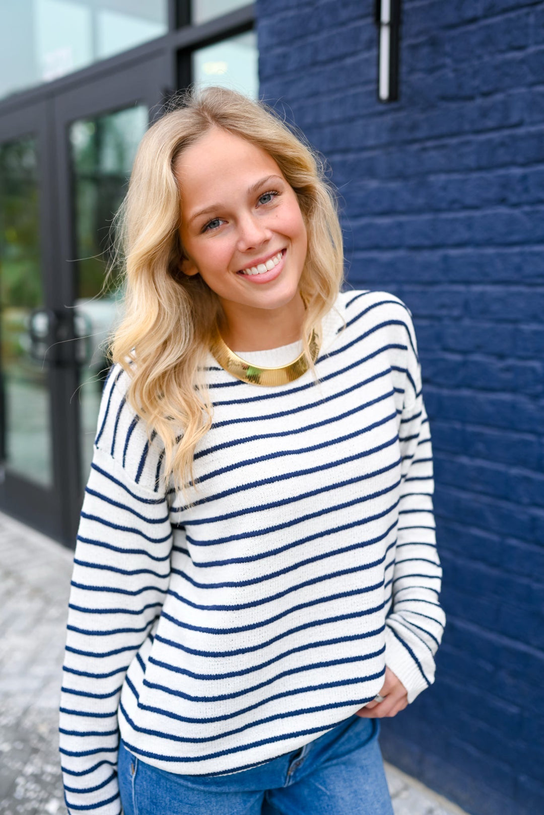 Off White Navy Striped Sweater