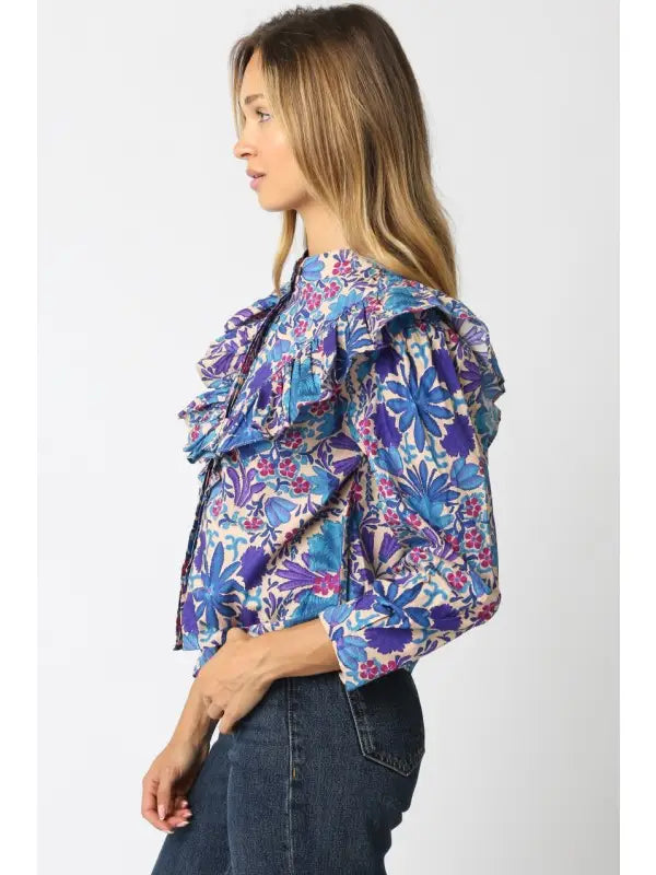 Purple Floral Ruffle Top