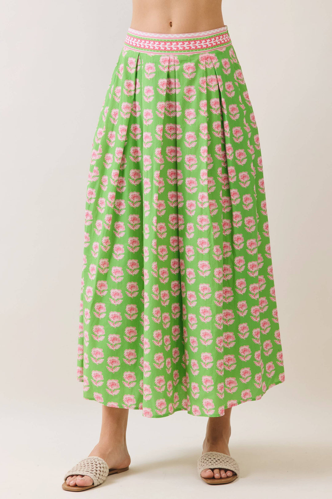 Green Floral Print Midi Skirt