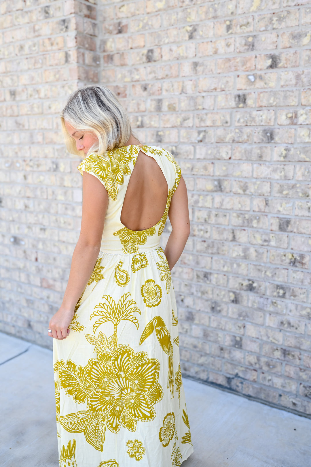 Yellow Botanical Cap Sleeve Maxi Dress