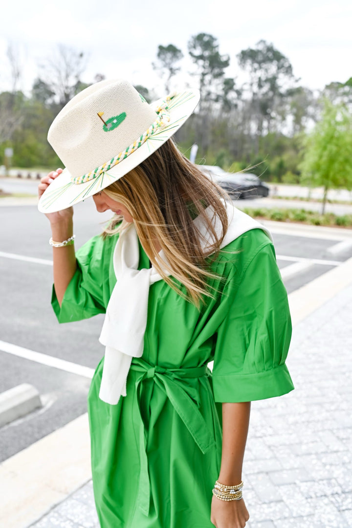 Pleated Green Puff Sleeve Dress