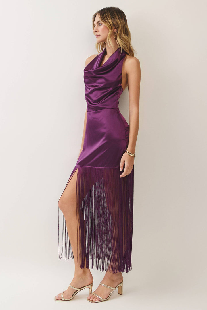 Satin Cowl Neck Fringe Halter Midi Dress