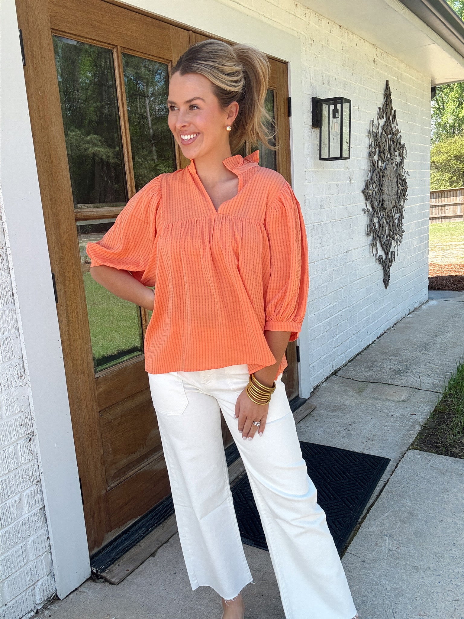 Orange High Neck Ruffle Top