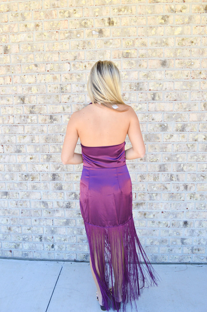 Satin Cowl Neck Fringe Halter Midi Dress