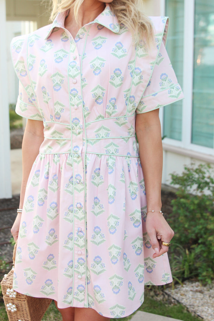 Pink French Floral Shirt Dress